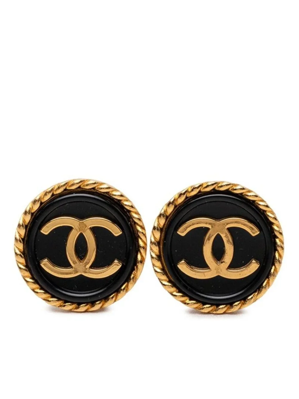 Chanel Vintage CC Logo Earrings Gold Black Plated